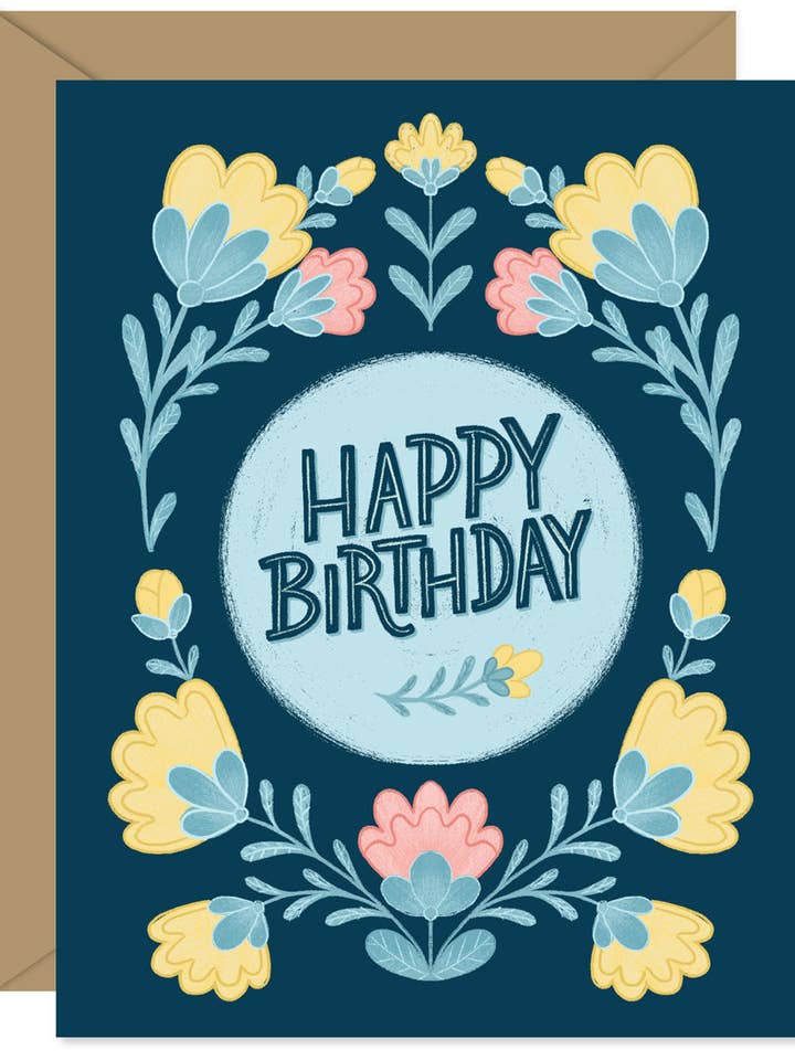 Carte d'anniversaire florale Folksy bleu foncé pour la vente par Hello Sweetie