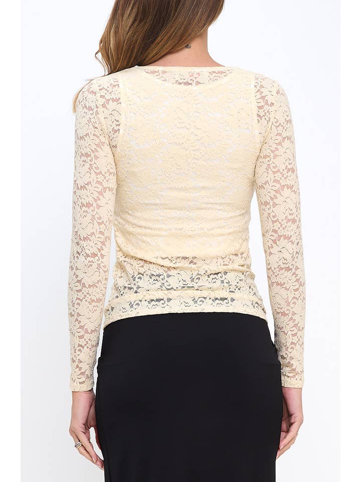 Lemon Made in USA Lace Mesh Round neck Long Sleeve Top for wholesale on Faire3
