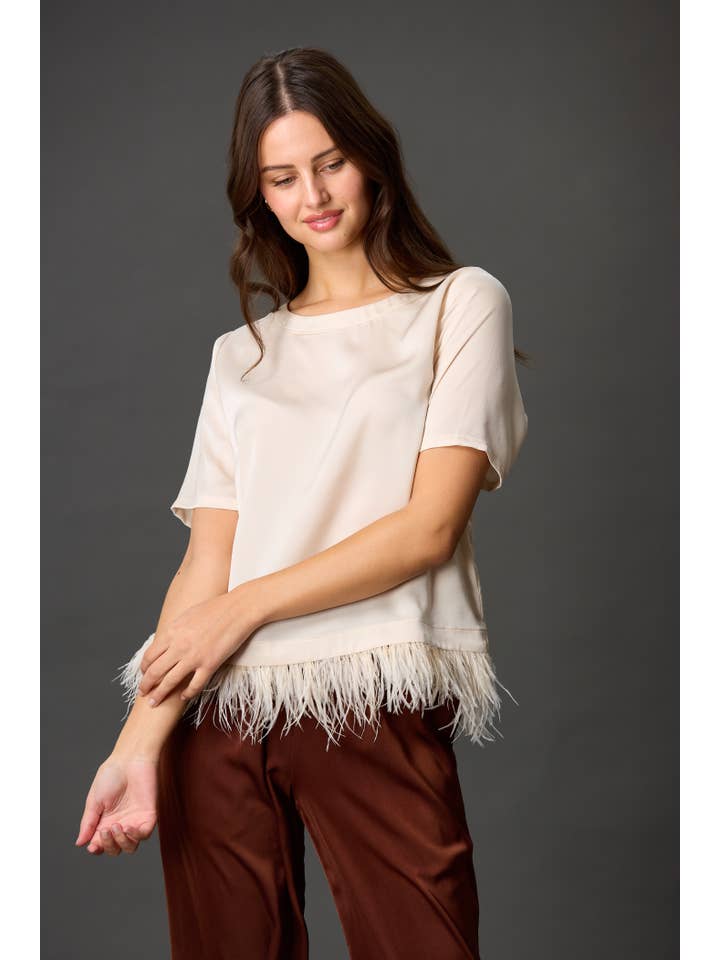 Before You Collection - Wholesale Blouse - Women's - Satin Feather Trim Short Sleeve Top1