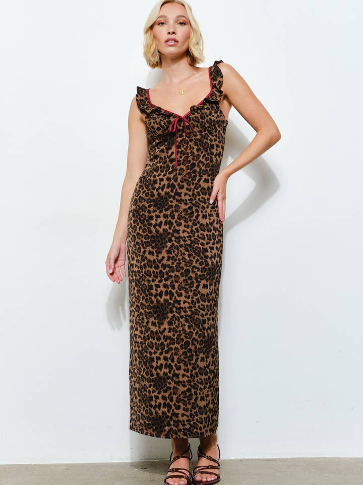 JODIE LEOPARD PRINT DRESS - Midi, Ruffle, Flirty for wholesale by Pretty Garbage