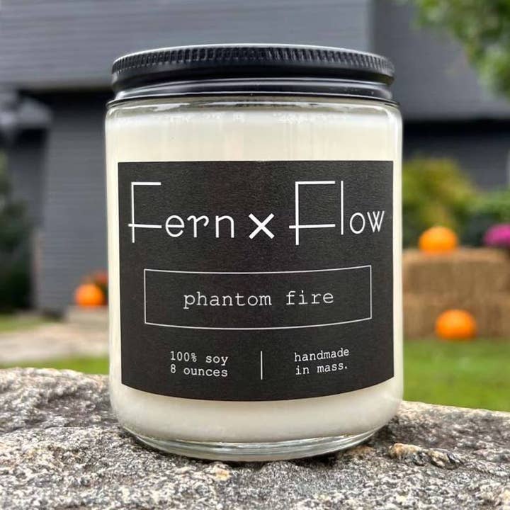 Phantom Fire Farmhouse Halloween Glass Soy Candle - 8oz for wholesale by Fern x Flow Soy Candles + Home Fragrance