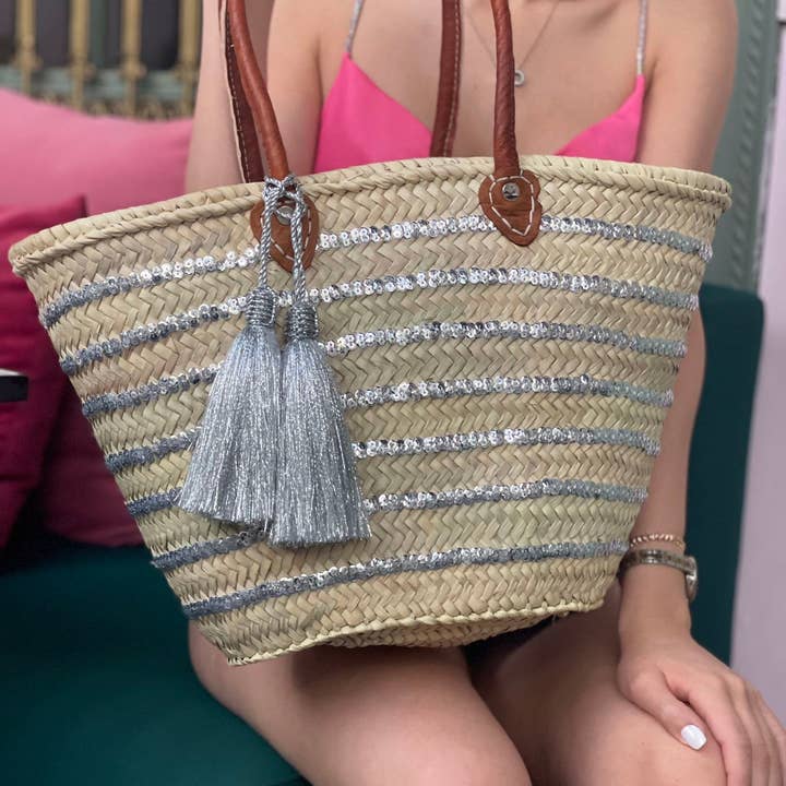 martitec - Vente Sac de plage - Sac à panier à paillettes | Sac à panier marocain tissé à la main argenté 3