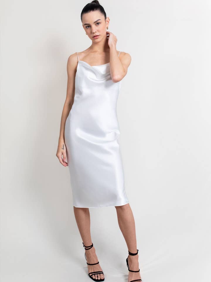 Jacoba Jane - Wholesale Dress - Women's - Mandy Silk Satin Cowl Neck Slip Dress | White