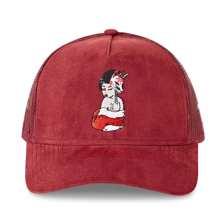 Casquette de camionneur Tokyo Time Tattoo Geisha - Daim Bourgogne pour la vente par Tokyo Time