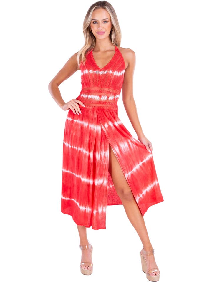 Midi Cover-Up Cotton Dress with Dual Front Slits - Tie Dye Red for wholesale by Seaspice Resort Wear