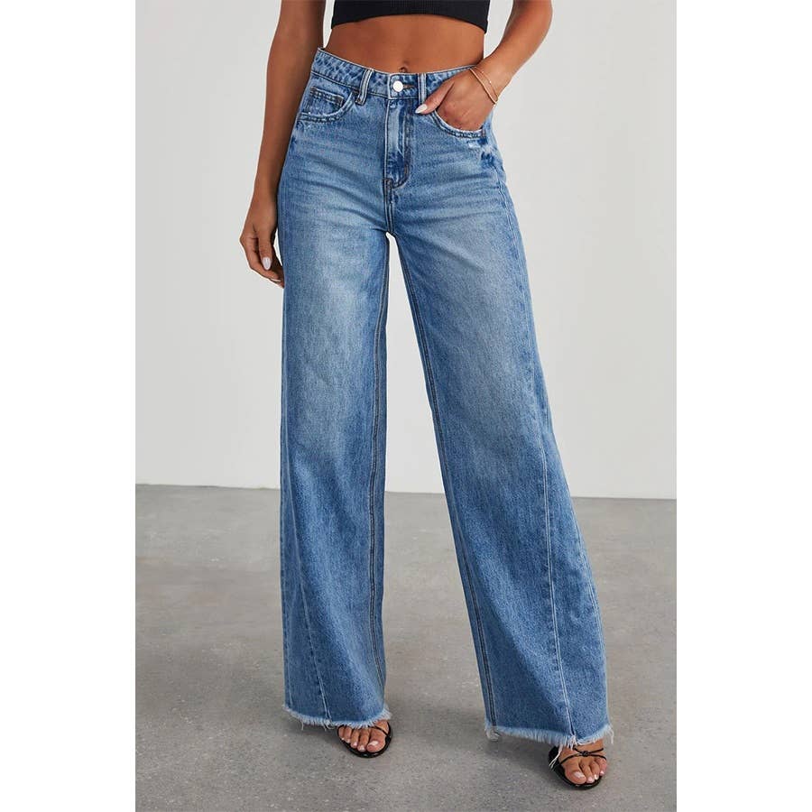 Cheap Women Seamed Front Wide Leg Jeans Elastic Waist Stretch Denim Flare  Jeans High Waisted Jean Bell Bottom Cropped Pants
