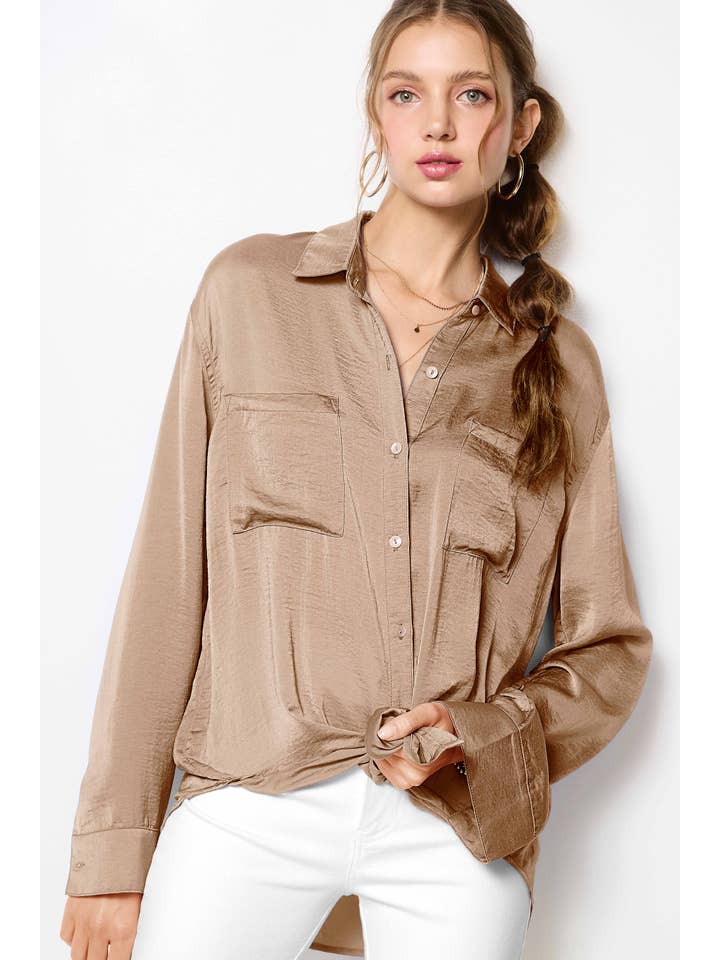 La Miel - Wholesale Button Down Shirt - Women's - SRT7452-Silky and Flowy Button Down Long Sleeve Shirts33