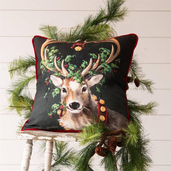 Audrey's Home & Gift - Wholesale Throw/Decorative Pillow - Pillow - Reindeer Pillow, Red Velvet On Reverse Side