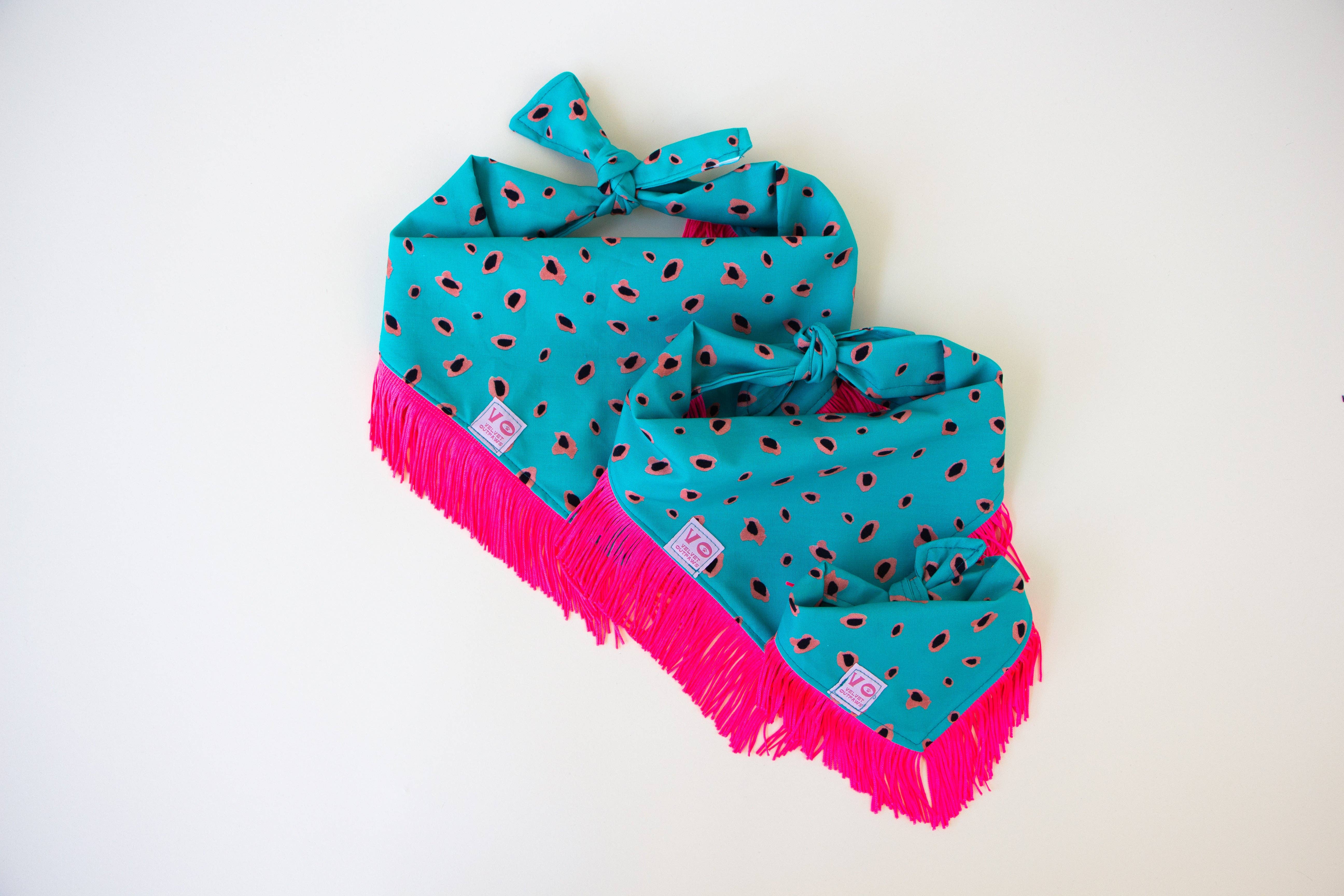Velvet Outlaw - Wholesale Pet Bandana - Dog - Teal Animal Print with Hot Pink Fringe Dog/Cat Bandana1