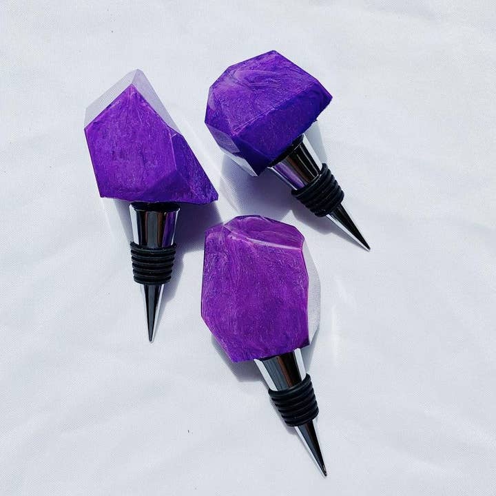 Faux Agate Resin Wine Stoppers | Stainless Steel Cork | Purple + Grey for wholesale by Nony Design Company