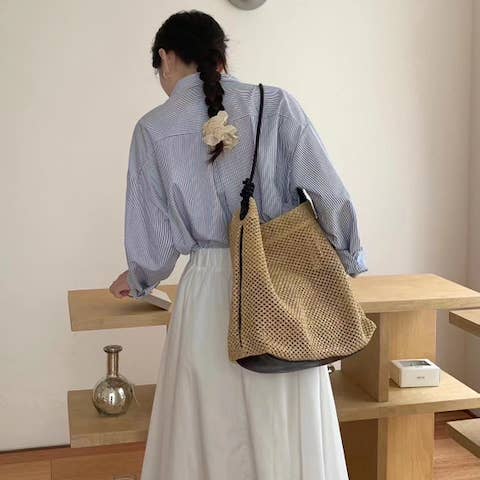 Pretty Persuasions - Wholesale Tote Bag - Women's - P25048 Faux Leather Strap Straw Tote Shoulder Bag4