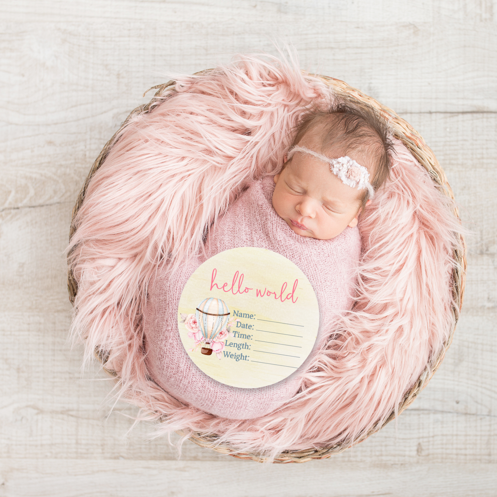 Timber Tinkers – wholesale Milestone art/keepsake – Child & baby – Pink Hot Air Balloon Wooden Birth Disc0