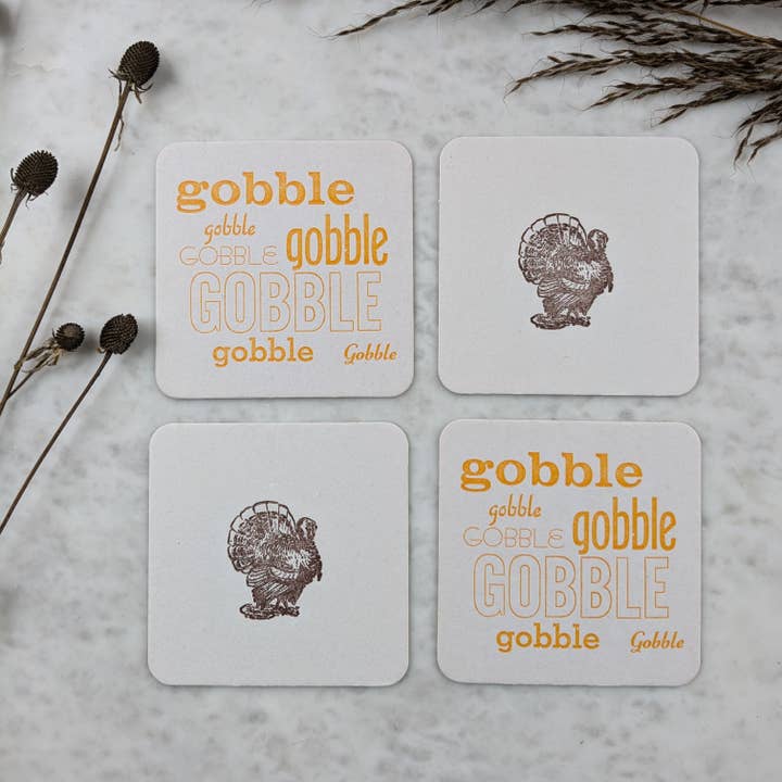 Gobble & Turkey Letterpress Coasters (Set of 4) for wholesale by Tussie Mussie Press