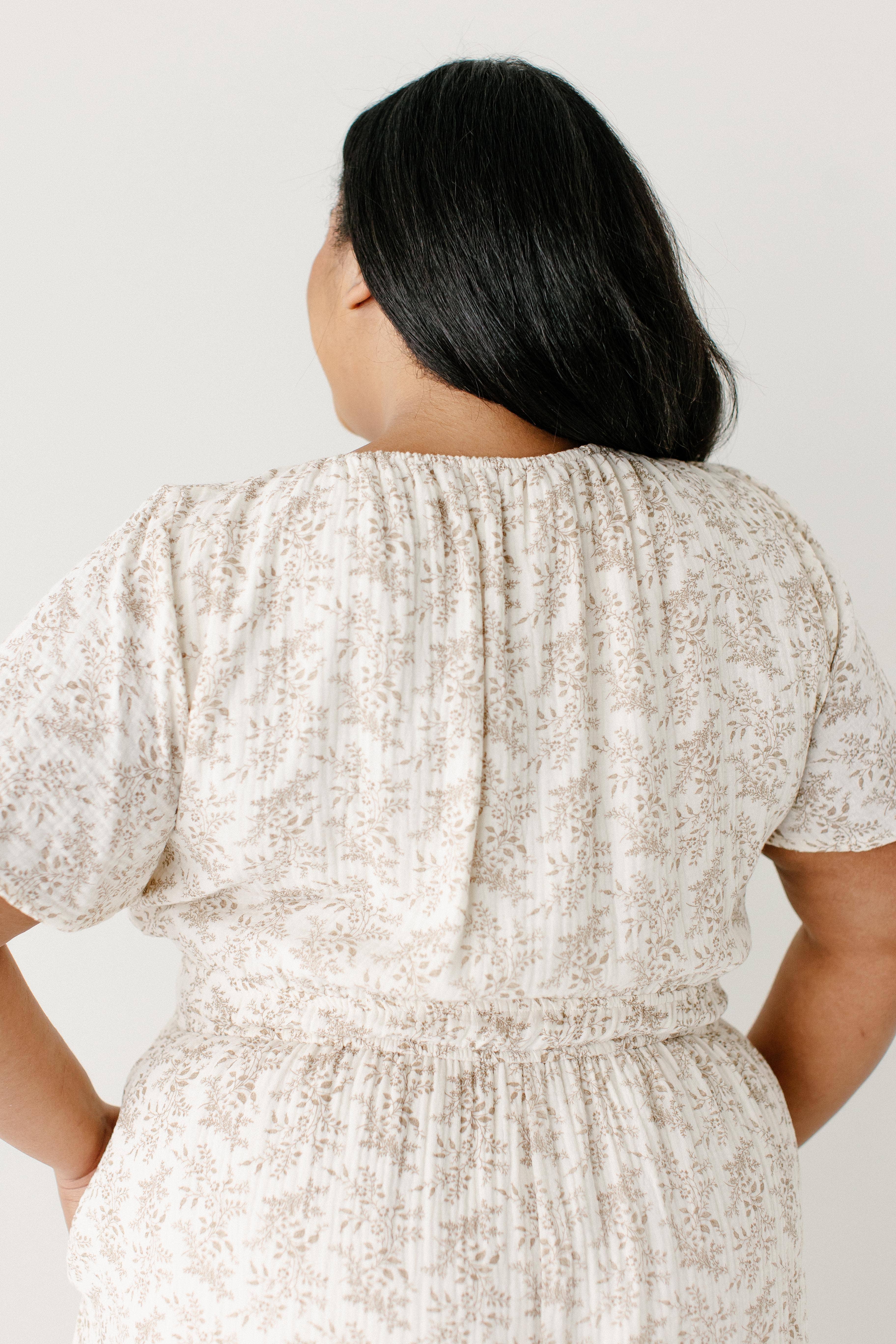 Ivory 'Cynthia' Botanical Print Cotton Gauze Midi Dress for wholesale on Faire8