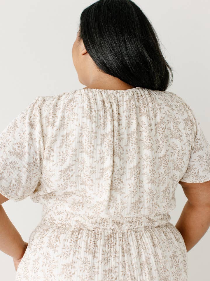 Ivory 'Cynthia' Botanical Print Cotton Gauze Midi Dress for wholesale on Faire8