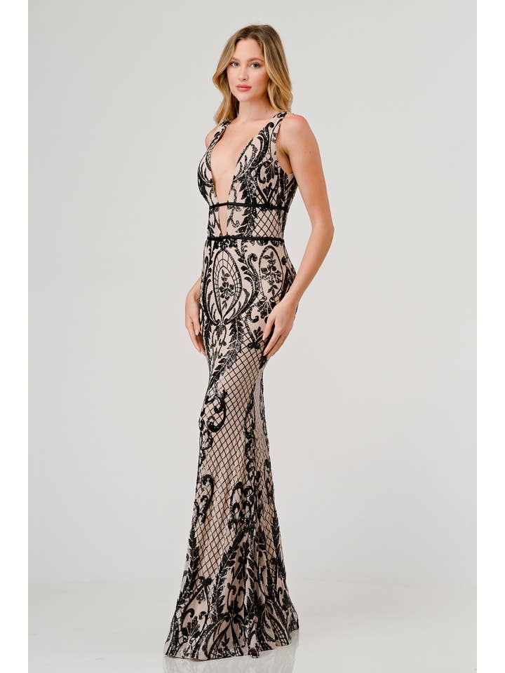 Lovesome - Wholesale Gown - Women's - CD40911: SEQUIN PLUNGING V-NECK MERMAID MAXI DRESS