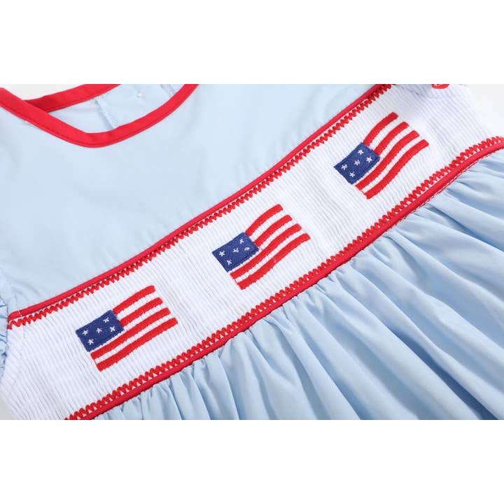 Lil Cactus - Wholesale Dress - Kids - Light Blue USA Flag Smocked Dress