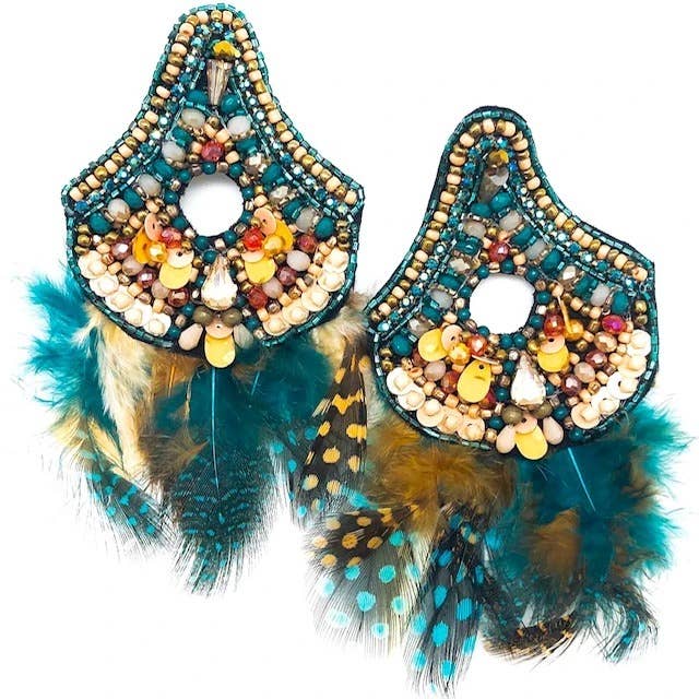Teal Multi Feather Earrings for wholesale by Allie Beads