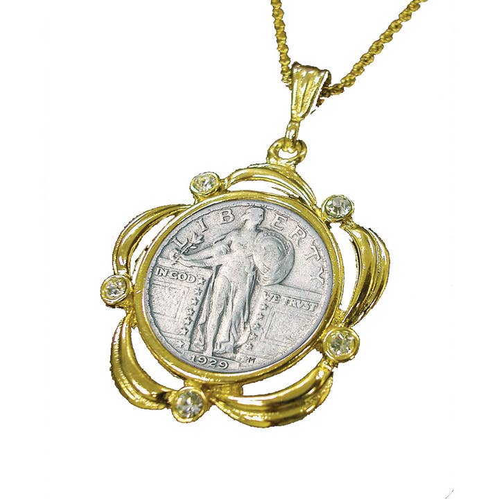 Pendentif pièce dorée Liberty Quarter debout en argent pour la vente par American Coin Treasures