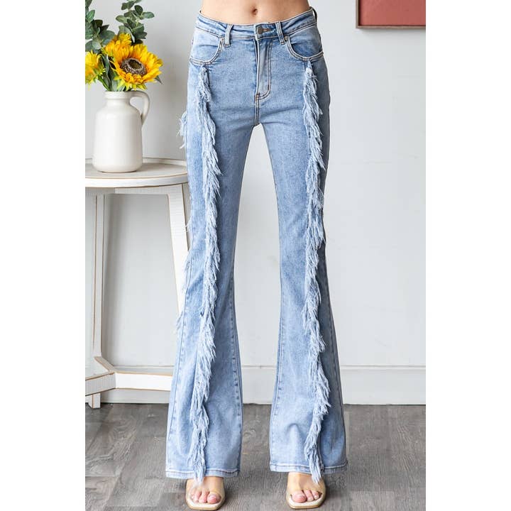 MEDIUM LIGHT WASH FRAYED STRETCH FLARE DENIM JEANS for wholesale on Faire5