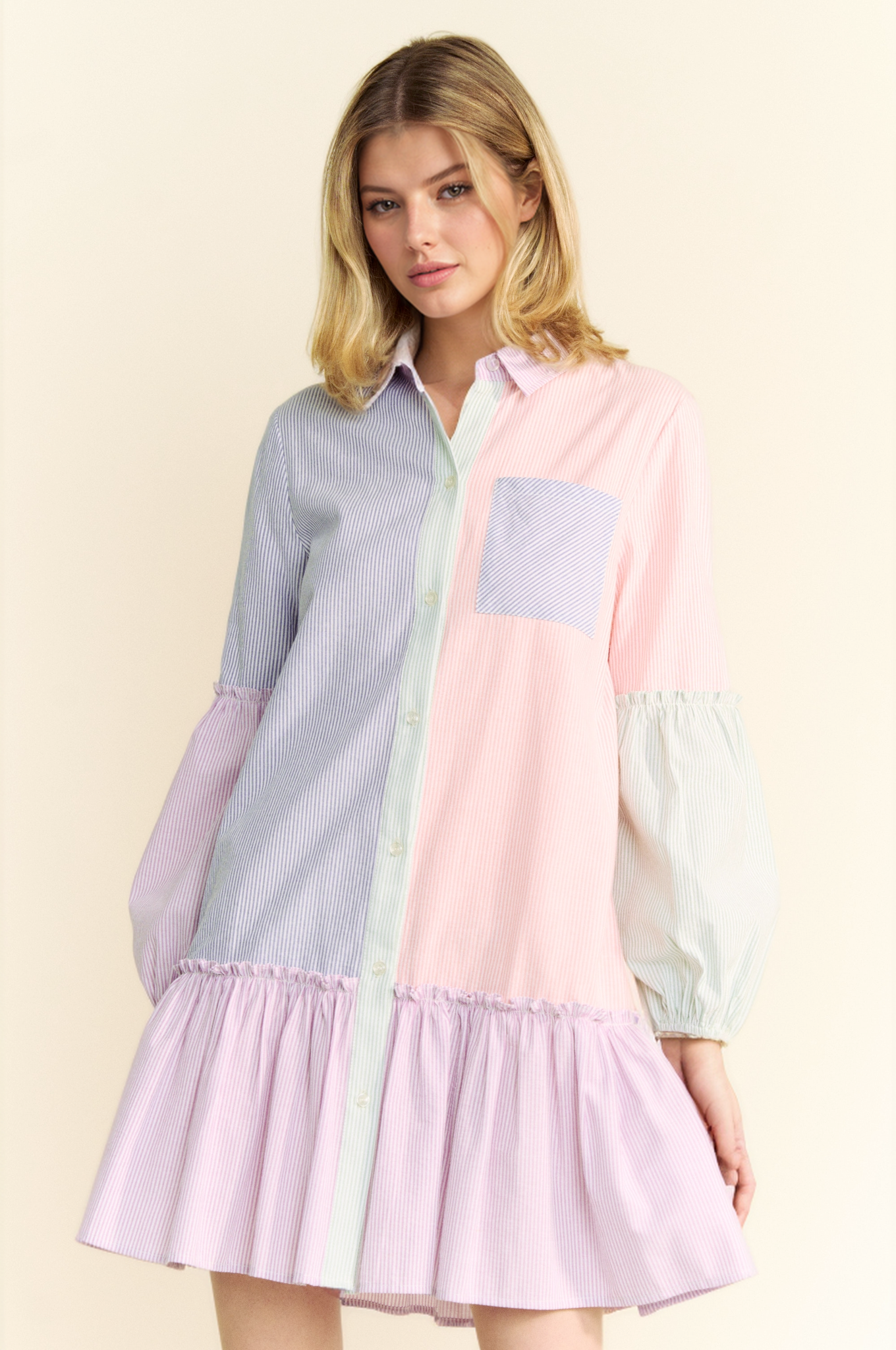 MULTI STRIPE COLOR BLOCK WAIST BALLOON SHIRT DRESS for wholesale on Faire1