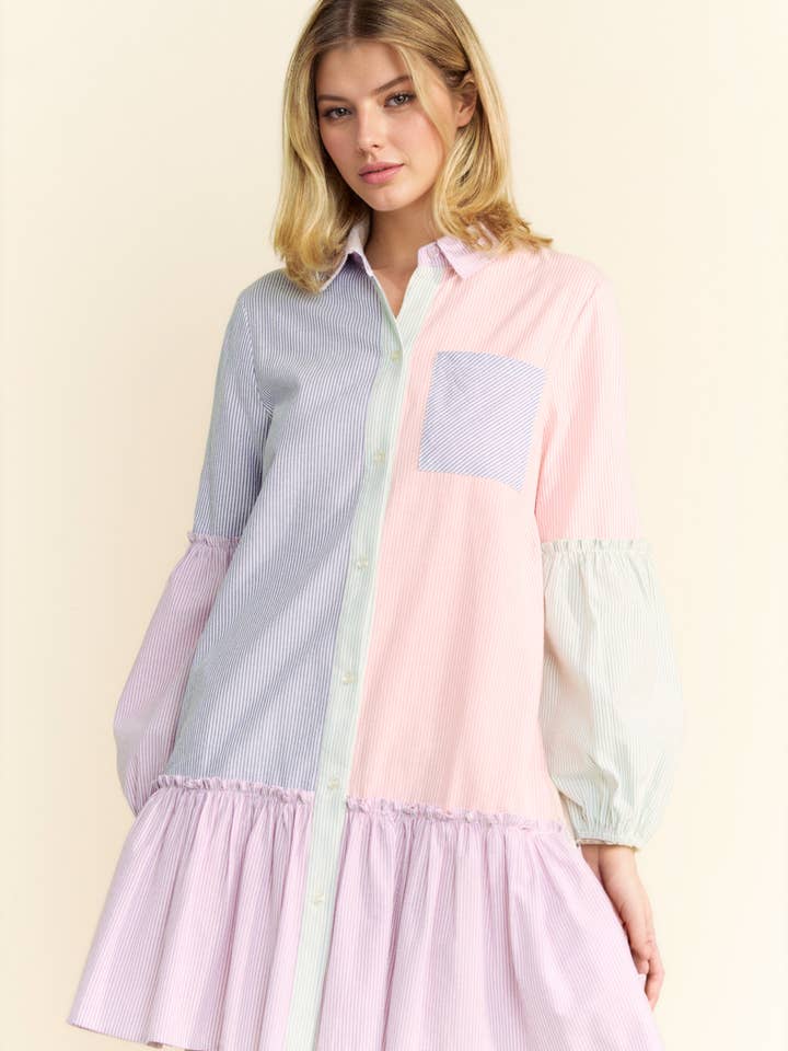 Marine Multi ROBE-CHEMISE BALLON À TAILLE CARRÉE À RAYURES MULTIPLES en vente sur Faire1
