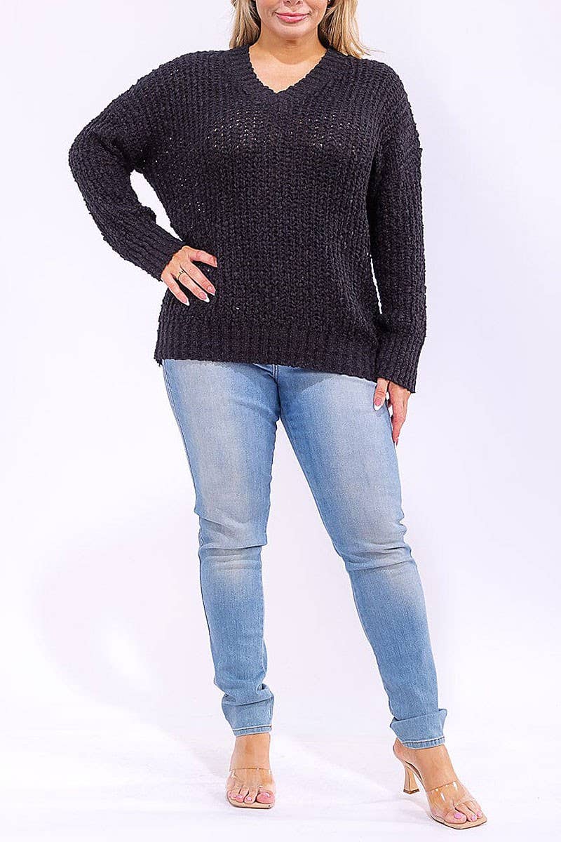 ROUSSEAU - Wholesale Knit Sweater - Women's - LONG SLEEVE V-NECK KNIT PULLOVER SWEATER2