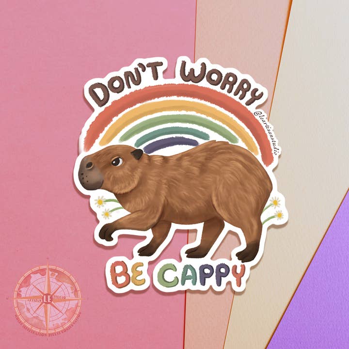Don't Worry Be Cappy Capybara Sticker for wholesale by Cappy Trails