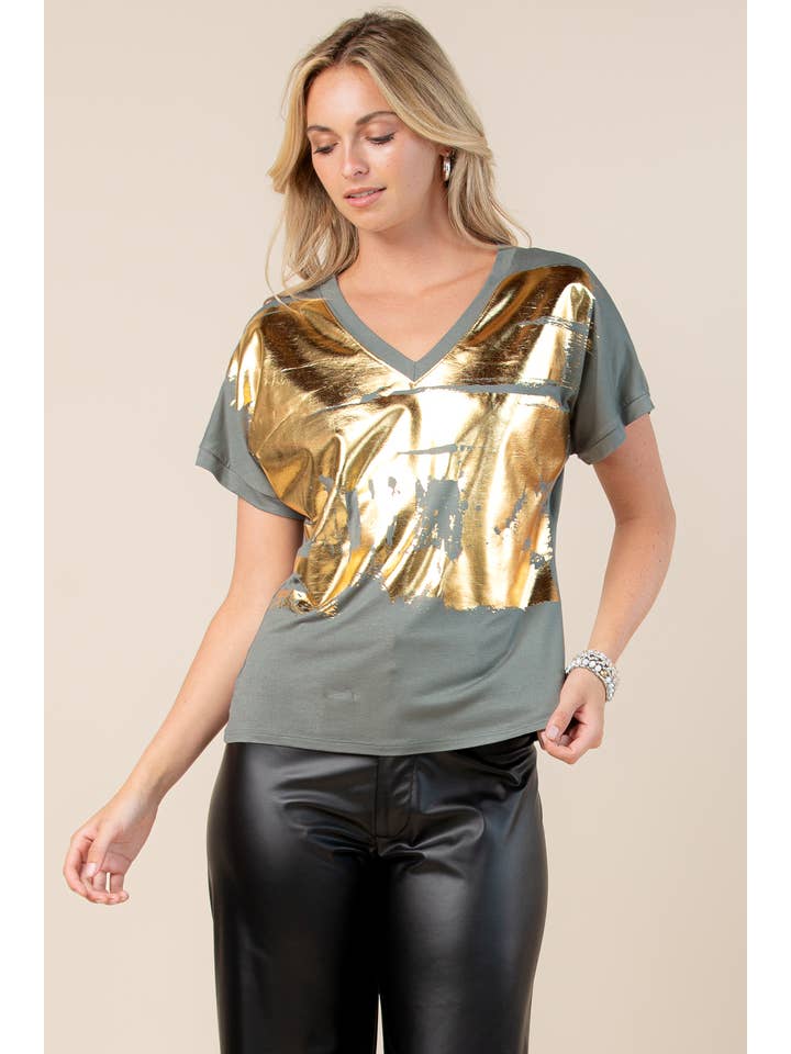Nylon Apparel - Wholesale Blouse - Women's - T1639-Carmella-Solid Foil V Neck Short Sleeves Top6