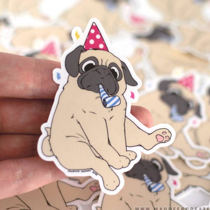 Party Pug Vinylaufkleber für den Großhandel von Maureen Creates