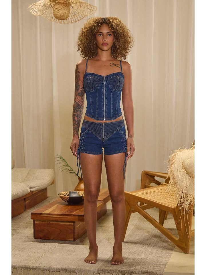 Stitching detail lace up tie denim micro shorts for wholesale on Faire4
