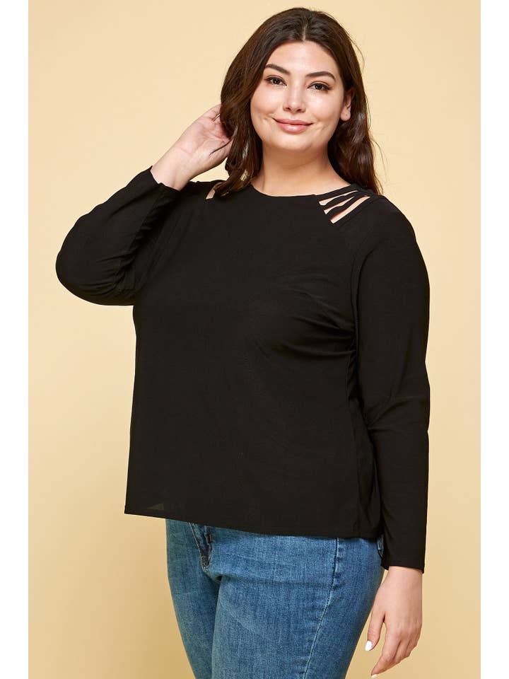 Winslow Collection - Wholesale Knit Top - Women's - PLUS SIZE LONG SLEEVE BLACK CAGE SHOULDER TOP8