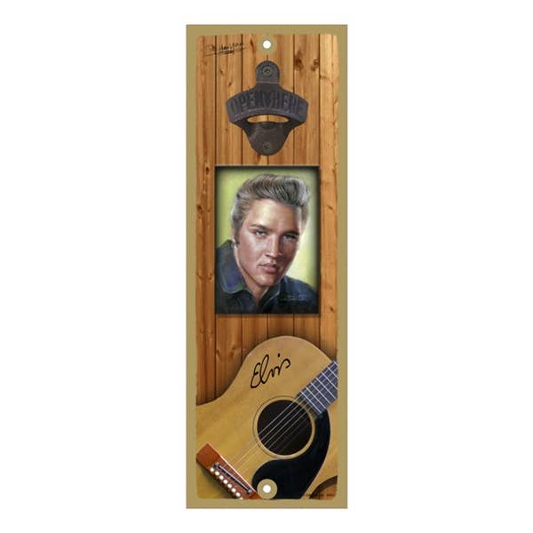 Elvis' portrait Guitar on bottom bottle opener wood plaque for wholesale by SJT Enterprises, Inc.