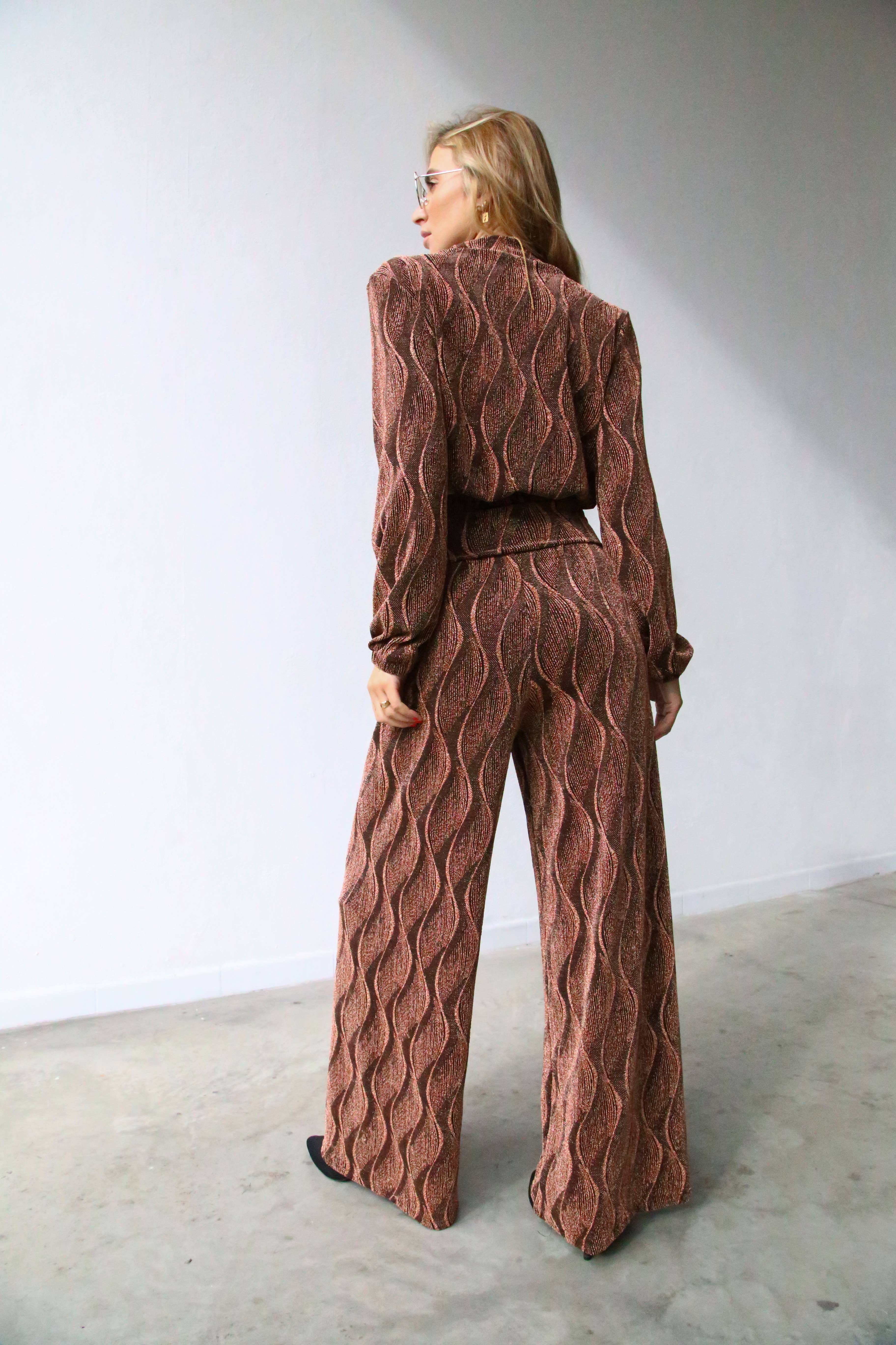 P3052 FLARED LUREX TROUSERS RUST for wholesale on Faire3