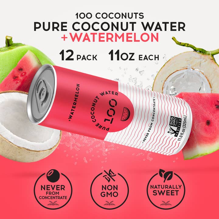 100 Coconuts - Wholesale Flavored/Infused Water (Non-Carbonated) - PURE COCONUT WATER + WATERMELON - 12 Pack1