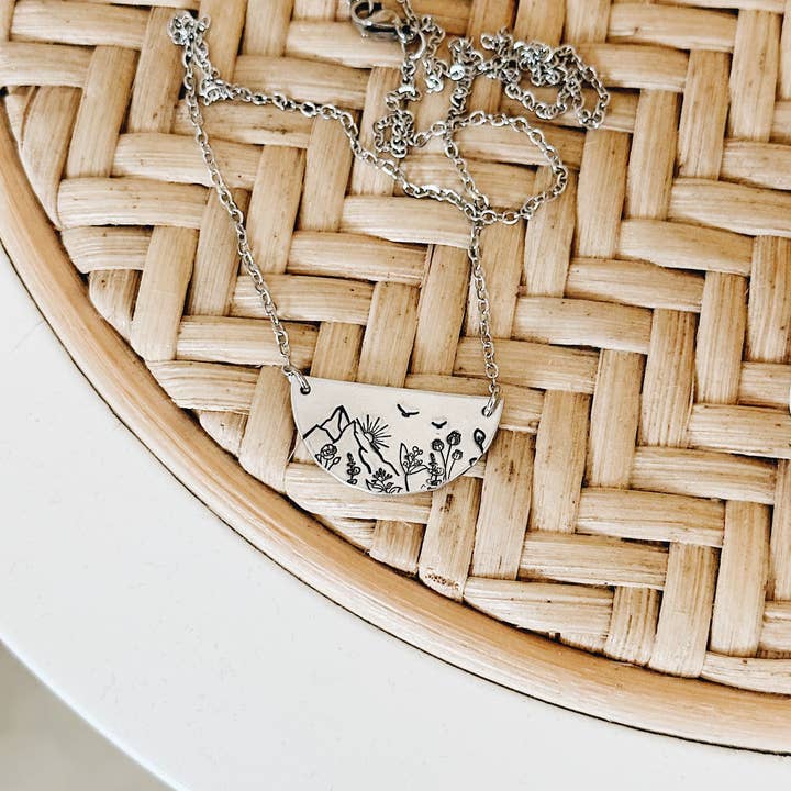 JOY IN THE MORNING - Wholesale Pendant/Charm Necklace - Sunrise Mountain Botanical Semi-Circle Necklace2