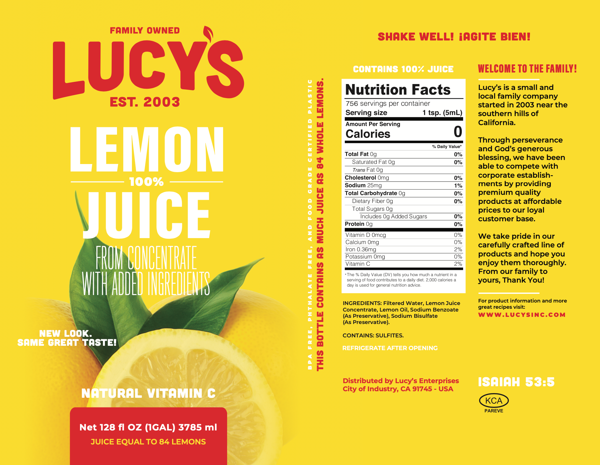 Lucy's - Wholesale Fruit Juice - Lucy's Family Owned - 100% Lemon Juice 128oz.4