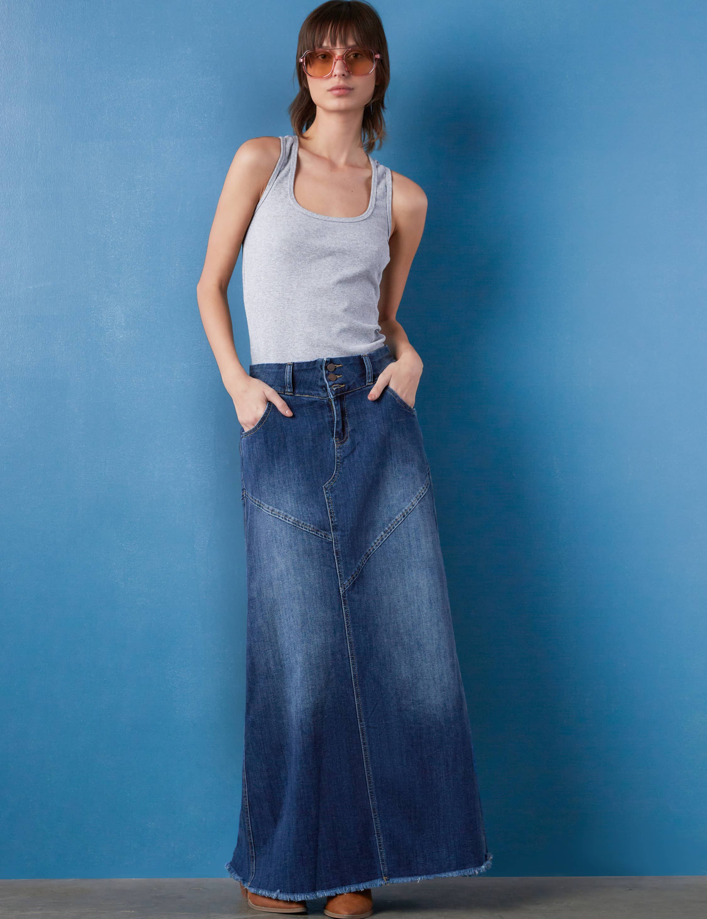 Retro Blue Pieced Denim Maxi Skirt for wholesale on Faire3