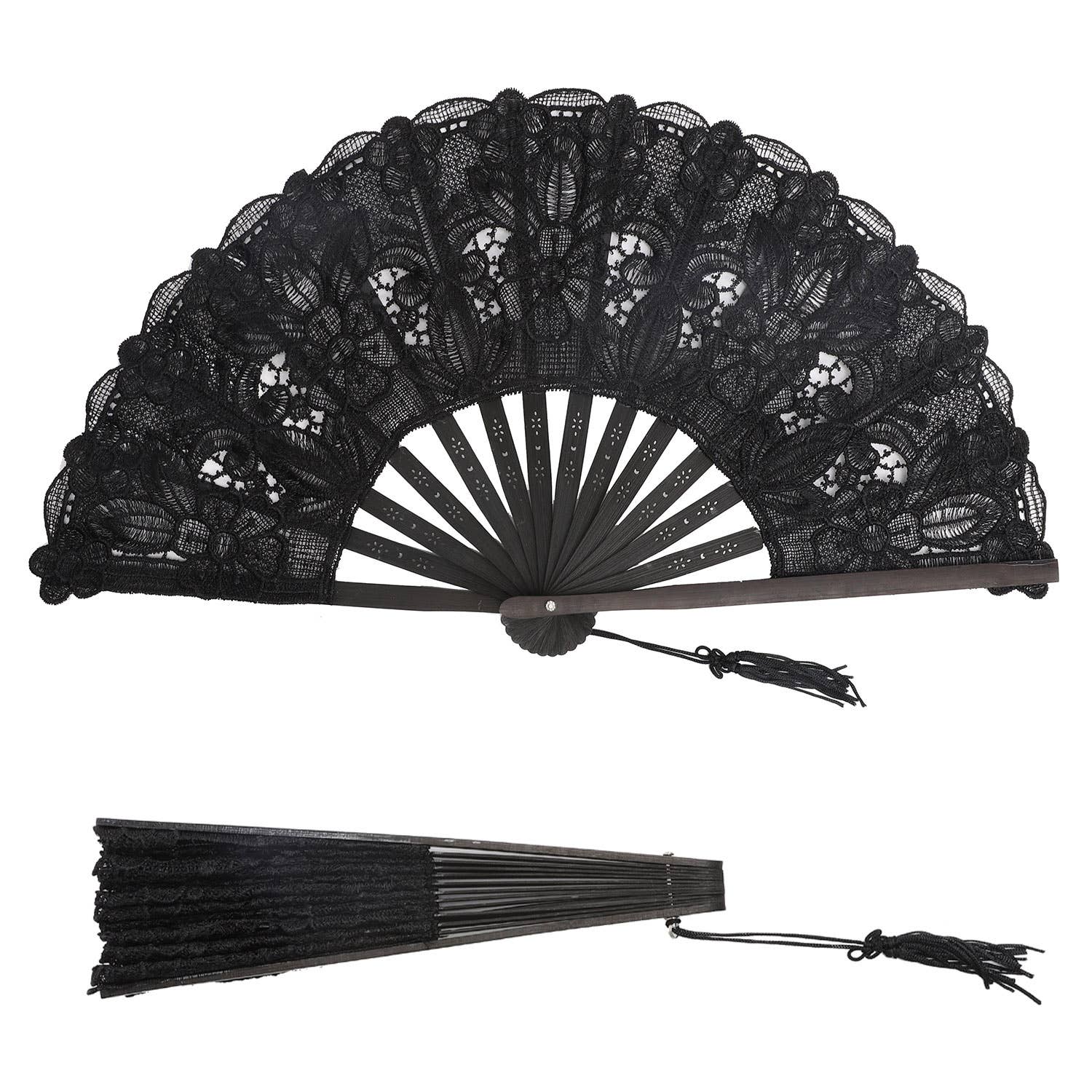 SP Sophia Collection - Wholesale Handheld Folding Fan - Spanish Victorian Floral Chantilly Lace Fan with Mini Tassel0