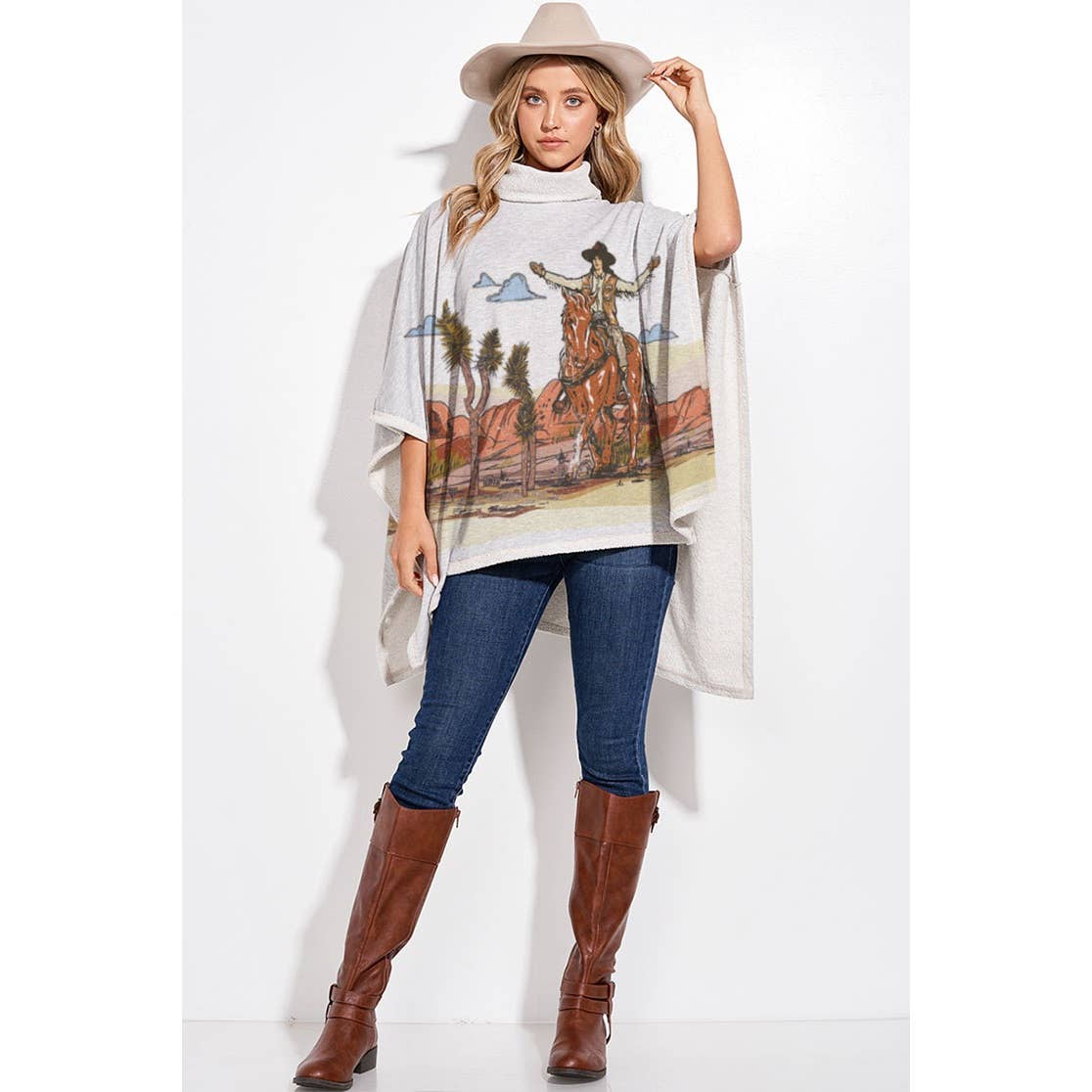 Phil Love – Großhandel Poncho – Damen – Poncho mit Rollkragen und Cowgirl-Print im Rodeo-Design1