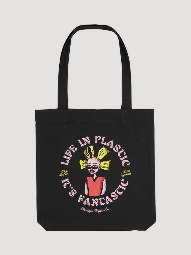 Life in Plastic It's Fantastic | Black Tote Bag for wholesale by Nostalgic Apparel