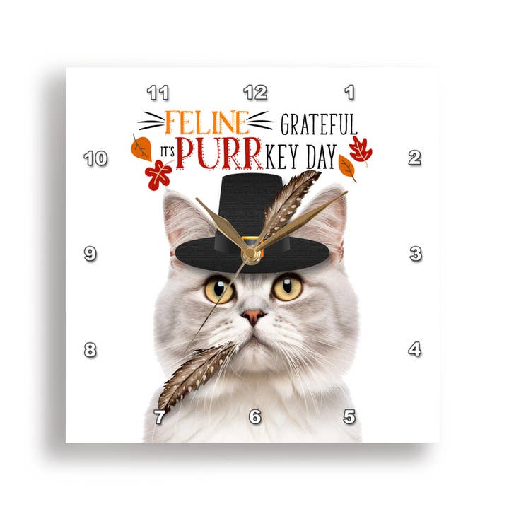 3dRose - Wholesale Wall Clock - 3dRose, Cream Colored Thanksgiving Cat with FELINE Humor for Thanksgiving, Wall Clock