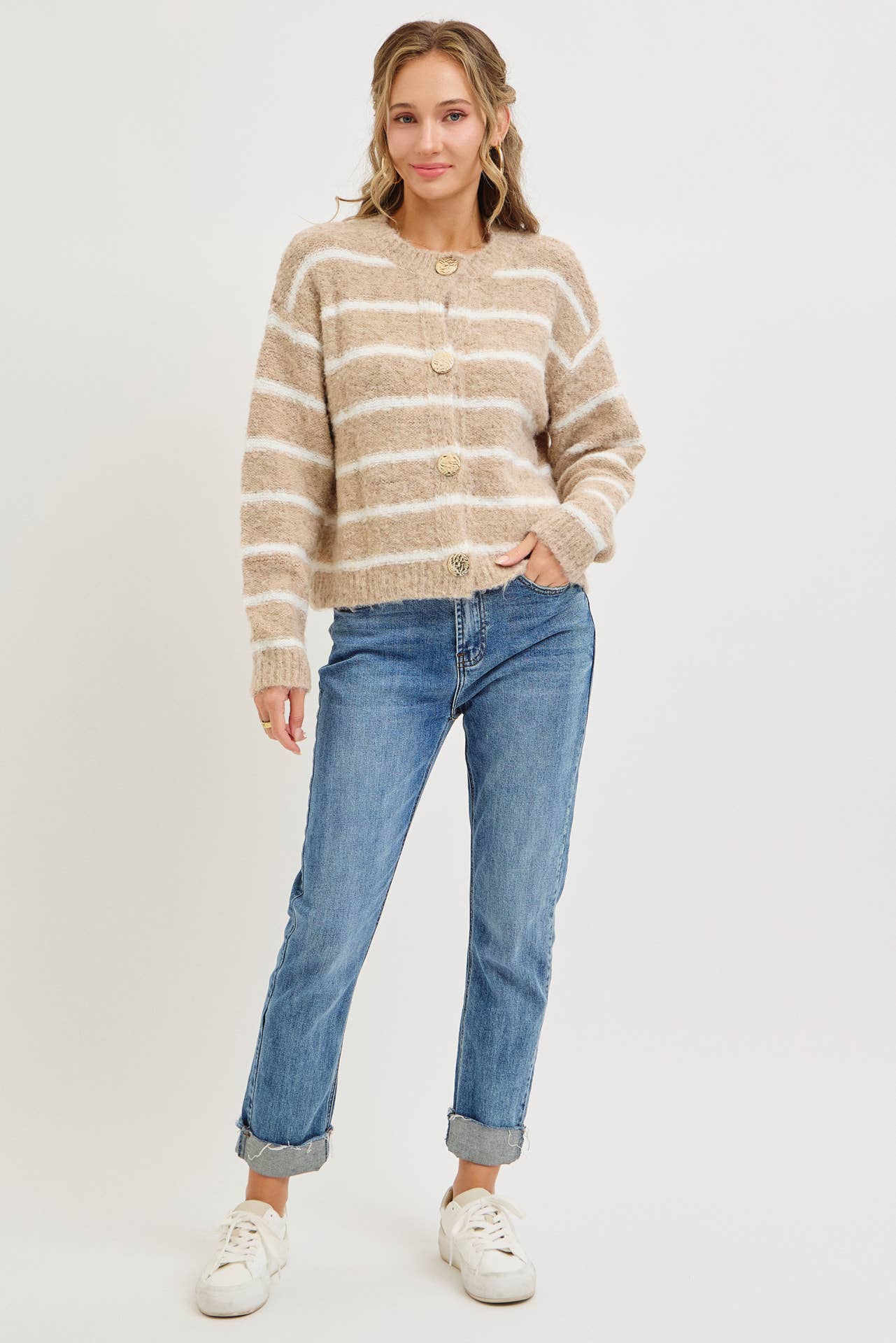 TAUPE COZY STRIPED BUTTON UP KNIT CARDIGAN for wholesale on Faire5