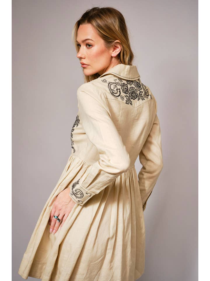 TAUPE 23594D - Linen Blend Embroidered Button Flare Dress for wholesale on Faire4