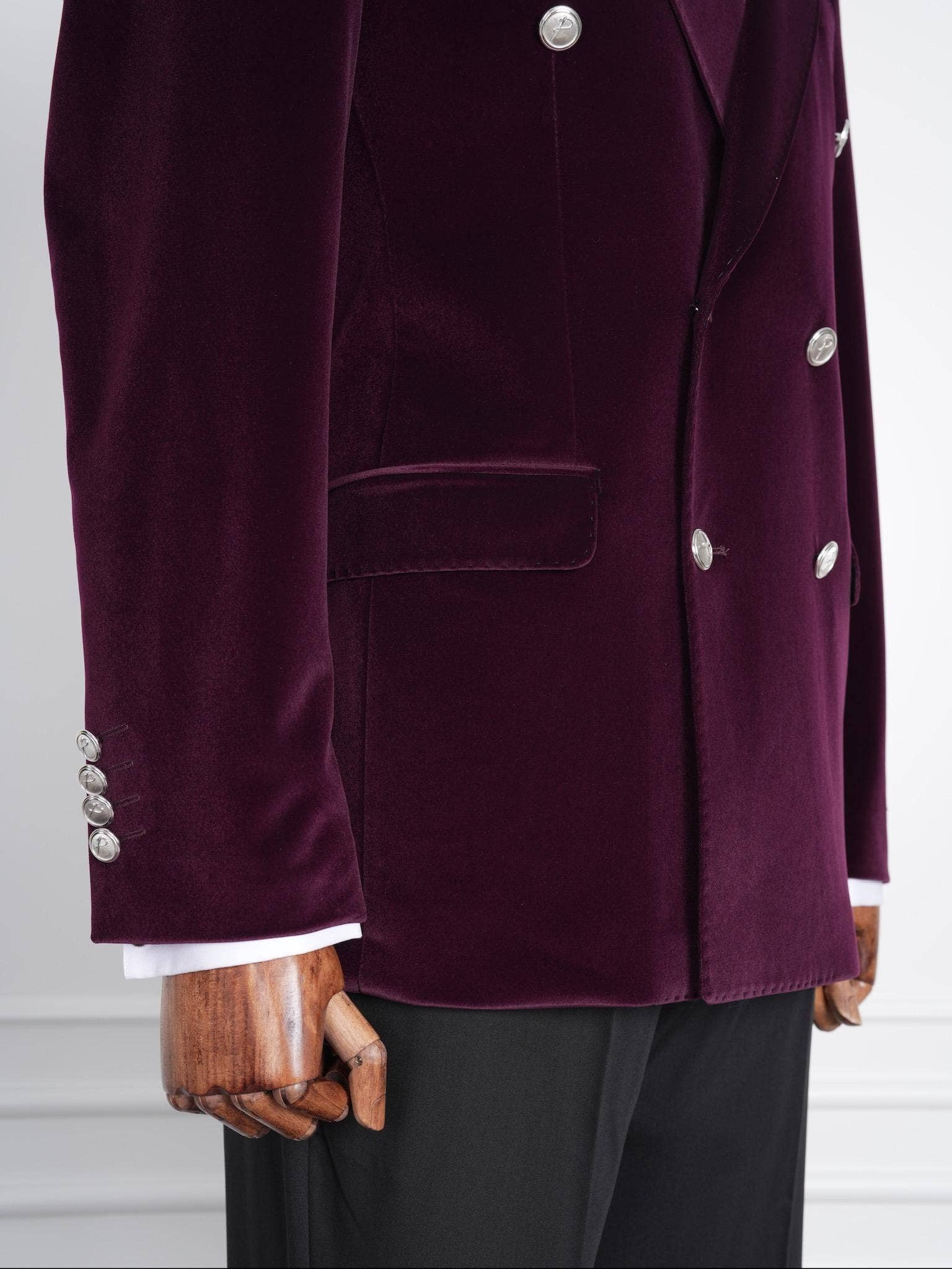 parez suits - Wholesale Tuxedo Jacket - Men's - Wine Velvet Double-Breasted Tuxedo with Signature Buttons8