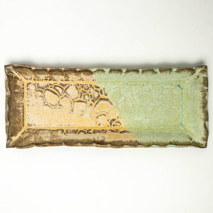 Green Succulent Pattern Handmade Stoneware Butter/Olive Dish for wholesale by White Squirrel Clayworks