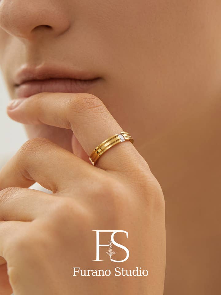 18k Gold Crystal Signet Ring; Eternity Band Ring for wholesale by Furano Studio
