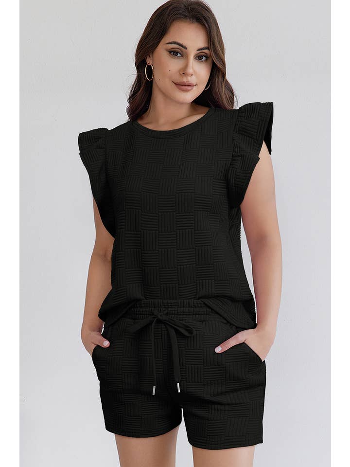 LA Society - Wholesale Lounge Set - Women's - Textured Ruffled Sleeve Tee and Drawstring Shorts Set
