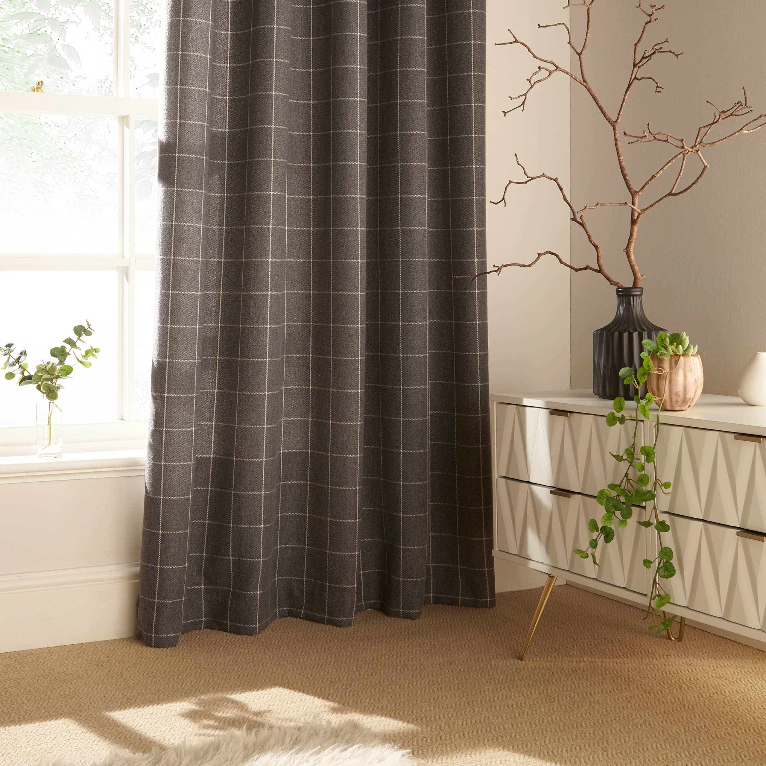 Ellis Windowpane Check Eyelet Curtains Grey for wholesale on Faire2