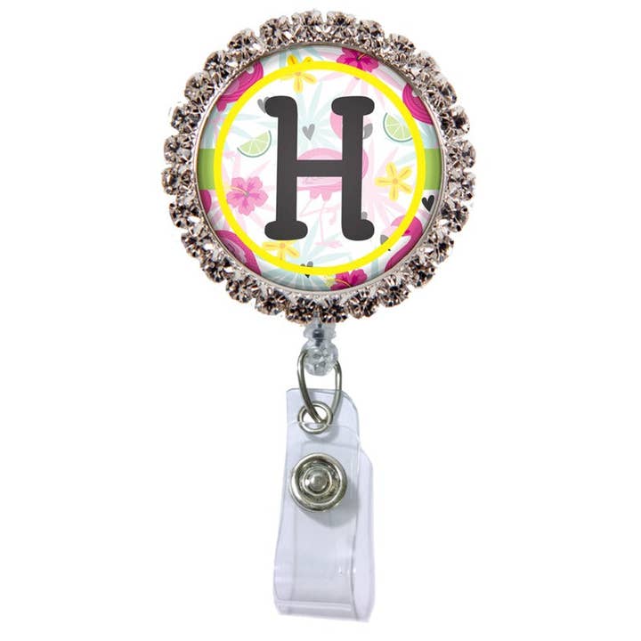 Flamingo Glam Initial or Title Button Attached to a Badge Reel for wholesale by OUTSIDE THE BOX, LLC